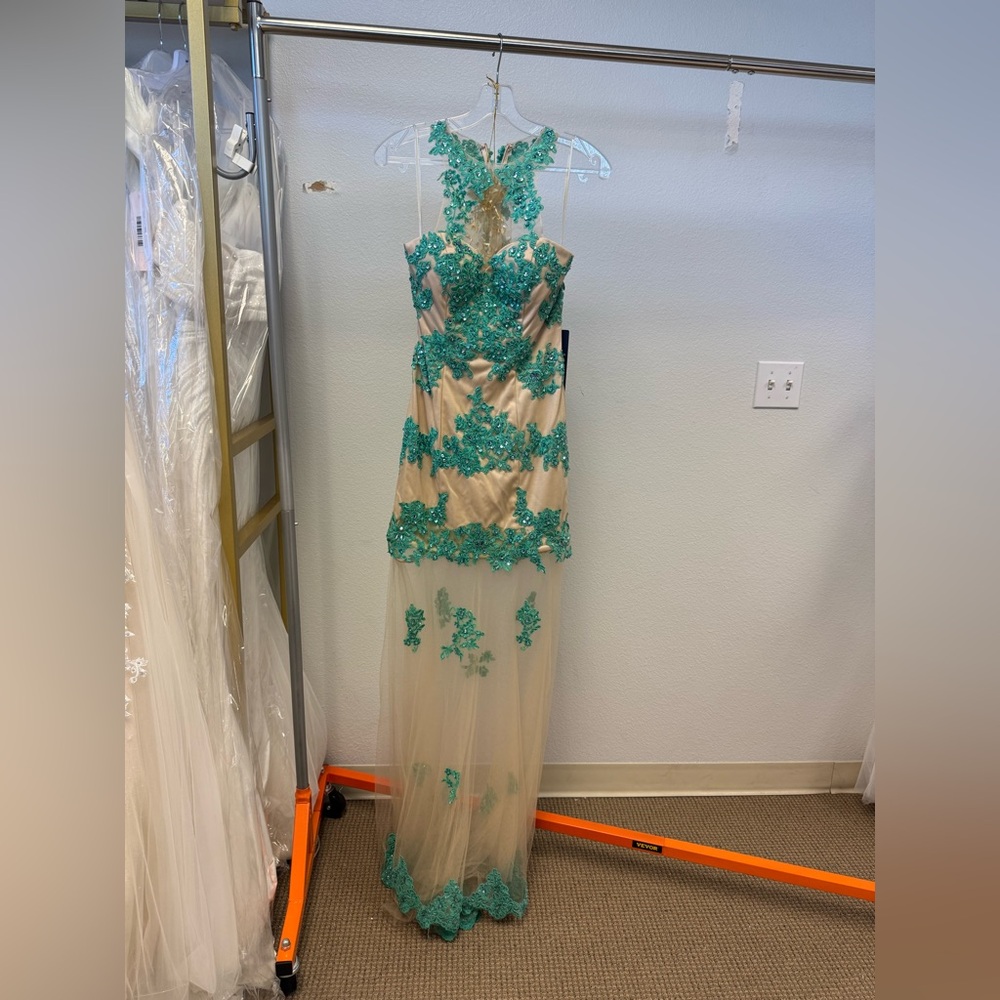 Cinderella Teal and Beige Lace Dress J917
